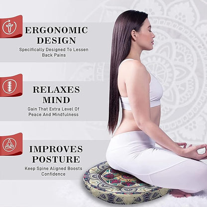 Mandala Meditation Cushion, Boho Meditation Mat, Meditation Pillows for Sitting on Floor, Cushions for Sitting in Home and Outdoor, Round Floor Pillows Cushion Seating for Yoga 22'' X 22''