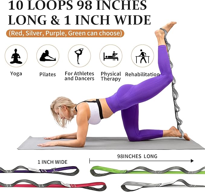 Stretching Strap Yoga Strap, 10 Loops Non-Elastic Stretch Bands Helps Women and Men Improve Flexibility for Home Workout, Physical Therapy, Pilates, Exercise, Dance, Comes with Door Anchor