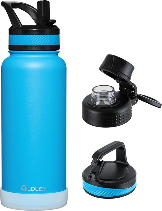 OLDLEY 32 oz Insulated Water Bottle With Straw, Stainless Steel Sports Water Cup Flask with 3 Lids(Straw, Spout and Handle Lid) Double Walled Travel Thermal Canteen Mug,Sky Blue