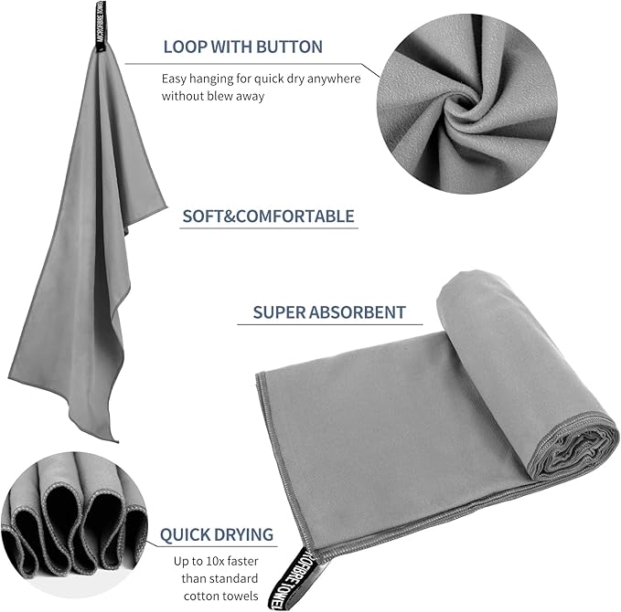 Microfiber Travel Towel, Soft Lightweight Quick Dry Towel, Super Absorbent Compact Travel & Sports & Beach Towels for Camping, Backpack, Gym, Swimming, Yoga, Hiking (L:24"×48" -Gray)
