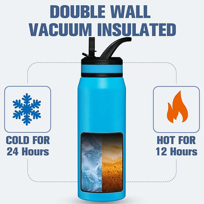 OLDLEY 24 oz Insulated Water Bottle With Straw, Stainless Steel Sports Water Cup Flask with 3 Lids(Straw, Spout and Handle Lid) Double Walled Travel Thermal Canteen Mug,Sky Blue
