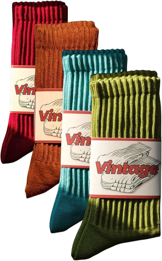 4 Pairs Natural 98% Cotton Crew Socks - Seamless, Breathable, Cozy Fall & Winter Socks for Women & Men