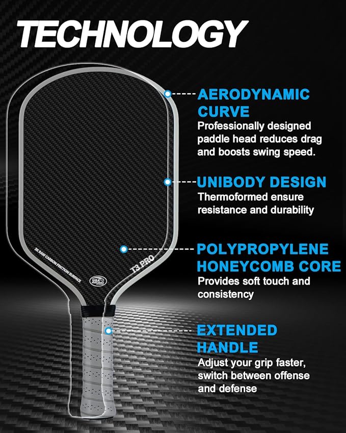 Pickleball Paddle - 3K Raw Carbon Fiber Surface (CFS) + Carbon Abrasion Surface (CAS) with High Grit & Spin, Sure-Grip Elongated Handle, Pickle Ball Paddle with 16mm Polypropylene Honeycomb Core
