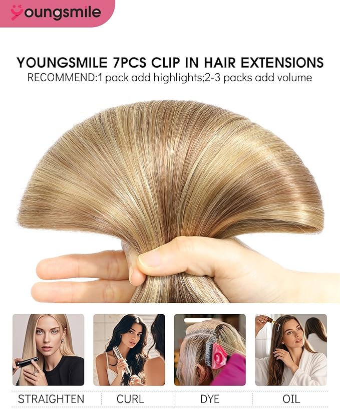 Youngsmile Human Hair Clip in Extensions, Human Hair Extensions Clip in For Women,#10/27/27 Color Golden Blonde with Bleach Blonde 20 Inch 160g 7PCS Double Drawn (7C#10/27/27-20inch)