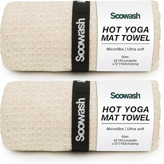 2 Pack Hot Yoga Towel Yoga Mat Towels Non Slip for Hot Yoga Stickyfiber Microfiber Quick Dry Soft Absorbent with Corner Pockets Cover Bikram Pilates Exercise Fitness 24" X 72"Beige