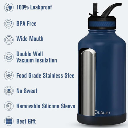 OLDLEY 64 oz Insulated Water Bottle With Straw, Stainless Steel Sports Water Cup Flask with 3 Lids(Straw, Spout and Handle Lid) Double Walled Travel Thermal Canteen Mug,Navy Blue