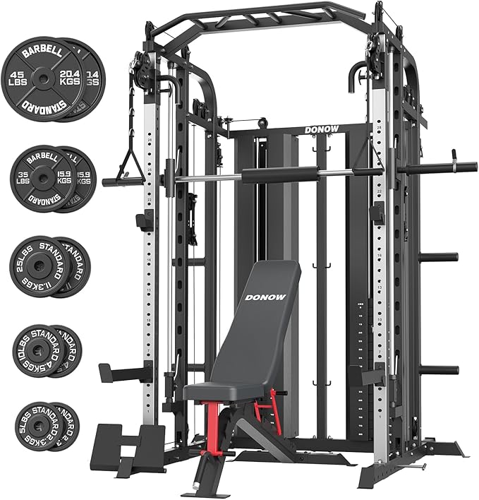 DONOW Smith Machine with Weight Stacks Power Cage Squat Rack Dual Cable Crossover Machine Home Gym Systems Station LAT Pull Down
