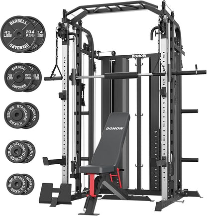 DONOW Smith Machine with Weight Stacks Power Cage Squat Rack Dual Cable Crossover Machine Home Gym Systems Station LAT Pull Down