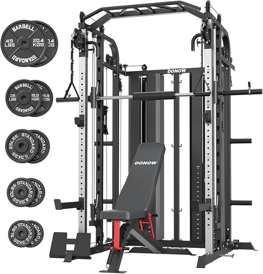 DONOW Smith Machine with Weight Stacks Power Cage Squat Rack Dual Cable Crossover Machine Home Gym Systems Station LAT Pull Down