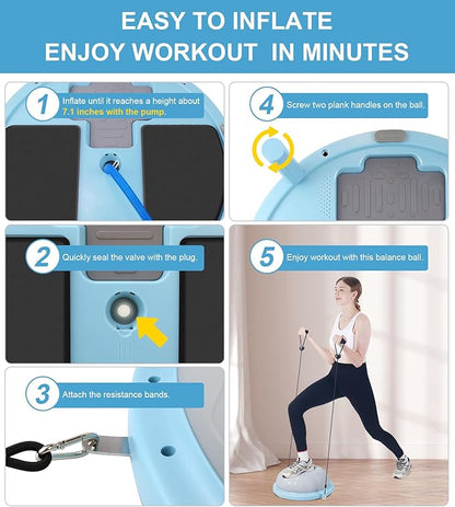 Balance Ball Trainer,Inflatable Yoga Plank Exercise Ball With Plank &Game,Half Balance Trainer With Extra Yoga Ball & Resistance Bands For Home Gym Workout Core Strength Training.