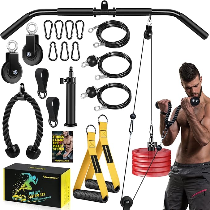 RENRANRING Fitness LAT and Lift Pulley System Gym - Upgraded LAT Pull Down Cable Machine Attachments, Loading Pin, Handle and Tricep Rope, for Biceps Curl, Forearm, Triceps Exercise Gym Equipment