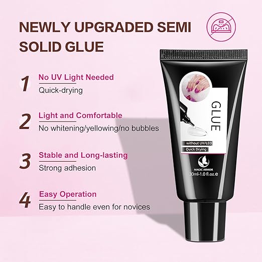 2Pcs 30g Semi Solid Nail Glue for Press On Nails Tips Super Strong Gel Nail Glue No UV Lamp Need Quick Drying Gel Long Lasting for Fake Acrylic Nails