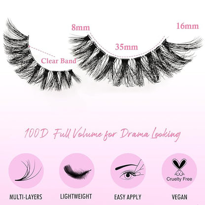 Lashes False Wispy Eyelashes Volume Cat Eye Lash Strips Fake Mink Eyelash Pack Natural Look 8-16mm Fluffy Full Strip Lashes Set Clear Band Easy Eyelashes for Beginners with Cluster Looking
