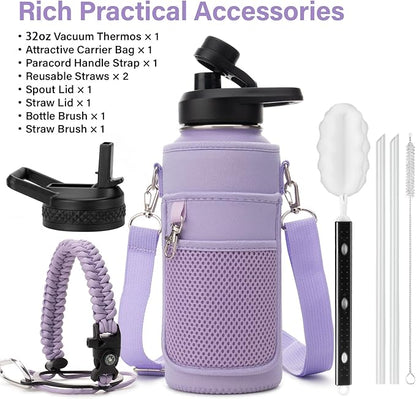 Insulated Water Bottle | Thickened Stainless Steel Vacuum Metal | Portable Sports Water Jug for Gym and Hiking with Straw, Carrier Bag, Handle Strap | BPA-Free 32 oz