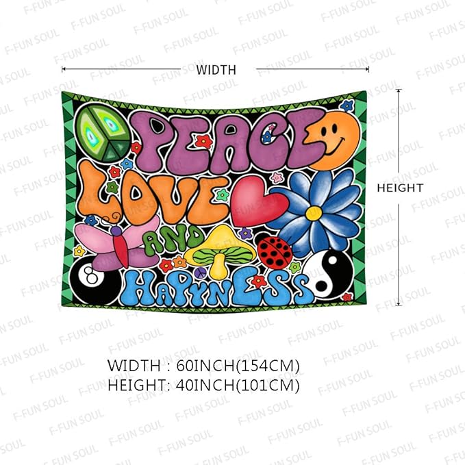 F-FUN SOUL Peace Love and Happiness Tapestry, 60x40inches Soft Flannel, 70s Theme Party Tapestries Hippie Aesthetic Tapestry Wall Hanging for Bedroom Living Room Decor GTZYFS915