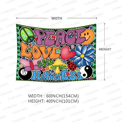 F-FUN SOUL Peace Love and Happiness Tapestry, 60x40inches Soft Flannel, 70s Theme Party Tapestries Hippie Aesthetic Tapestry Wall Hanging for Bedroom Living Room Decor GTZYFS915