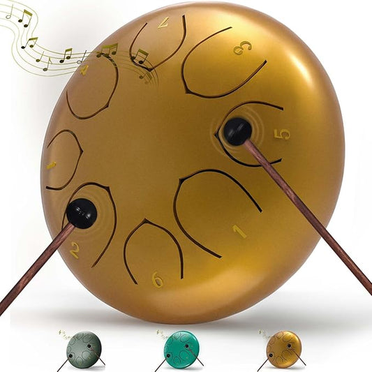 Rain Drum for Outside Garden, 6 Inches 8 Notes Steel Tongue Drums, Waterproof Meditation Rain Chime, Musical Instruments for Adult Gift with Bag, Music Book, Mallets (Gold)