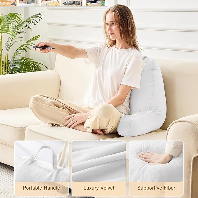 Sasttie Reading Pillow, Velvet Back Pillow for Bed Sitting Up, Adult Back-Rest Support Cushion with Arms for Sit Up on Couch, Sofa, and Floor, Dorm Essentials, Reading Accessories, White