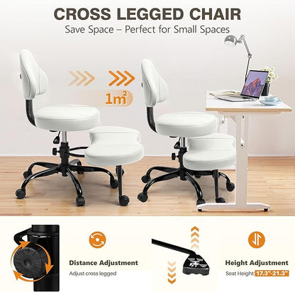 Cross Legged Office Chair, Criss Cross Desk Chair ADHD Meditation Kneeling Yoga Seat with Adjustable Height, Lumbar Support, Wider Footrest and Wheels (White)