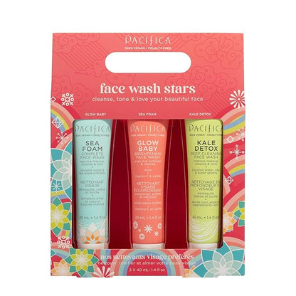 Pacifica Face Wash Set - Preppy Skincare Gift Set Value Kit for Holidays | Brightens, Tones and Deep Cleans |Glow Baby, Kale Detox and Sea Foam | 3 Pack