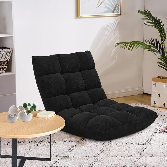 Moccha 14-Position Floor Chair, Folding Sofa Chair with Back Support, Memory Foam Floor Gaming Chairs for Adults, Adjustable Padded Couch Recliner Sleeper Bed for Reading, Meditating, Black