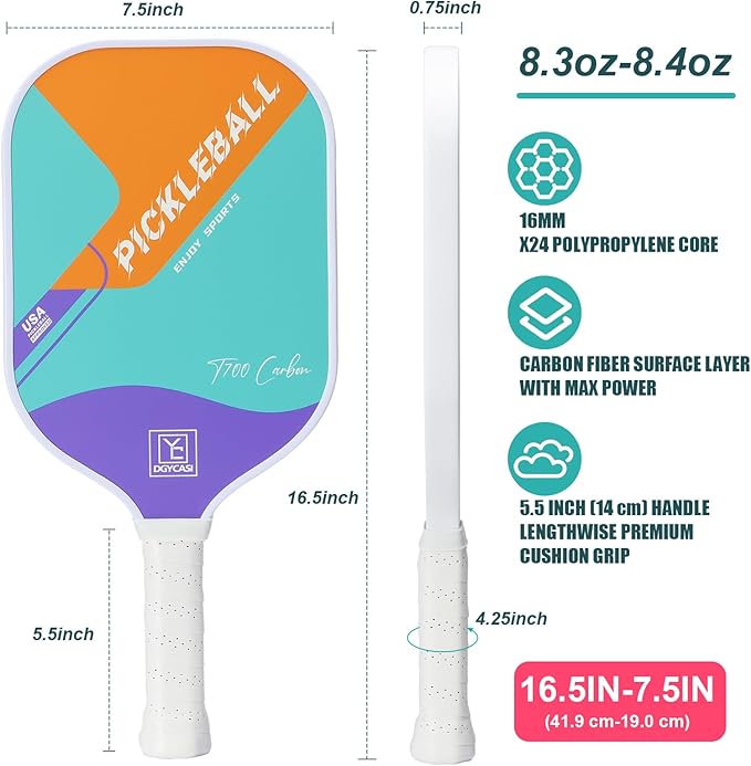 YC DGYCASI 16mm Pickleball Paddles Professional, USAPA Approved, T700 Carbon Fiber Pickleball Paddle Thermoformed, High Grit & Spin, 5.5” Elongated Handle, Handle Girth 4.25”, 8.3oz, with Cover Case