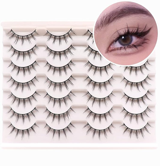 Losha Manga Lashes Fluffy Faux Mink Lashes 14 Pairs Natural False Lashes Pack Wispy Short Anime Lashes Look Like Individual Clusters (3D1009)