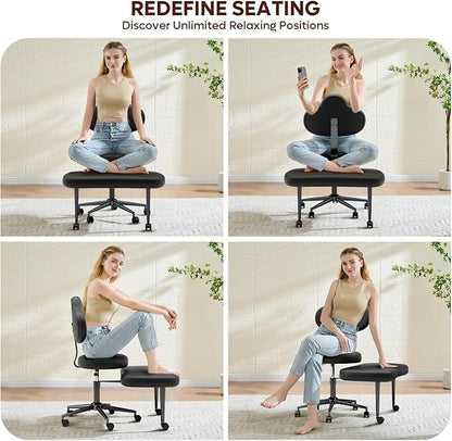 Cross Legged Office Chair with Wheels, Meditation Chair, ADHD Chair for Adults, Wider Height Adjustable Backrest and Seat, Yoga Office Chair, PU Leather, Black