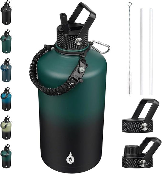BJPKPK 1 Gallon Water Bottle with Straw Lid, 50oz, 64oz, 87oz, 128oz Large, Stainless Steel Water Bottles with 3 Lids and Paracord Handle, Double Wall Vacuum Metal Water Jug, Army Green & Black