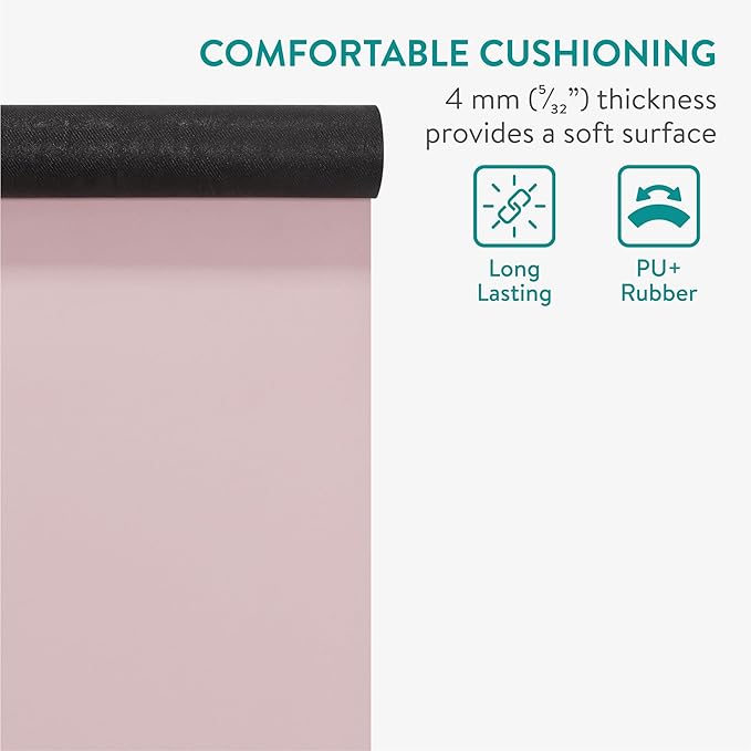 Navaris 4mm Pilates Mat - Yoga Workout PU & Rubber Mat - Ideal for Indoor, Outdoor, and Home Training - Non-Slip Exercise Fitness Mats for Men and Women - Pink & Black