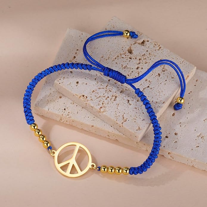 LIKGREAT Peace Sign Pendant Bracelet for Women Peace Symbol Adjustable Handmade Braided Wax Cords Beaded Bracelet