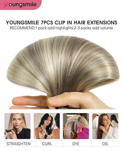 Youngsmile Clip in Hair Extensions Human Hair 20 inch Ash Brown Fading to Platinum Blonde Real Hair Extensions Clip ins 7pcs 160g,Soft Silk Straight,Thick End(7C#8T60-20Inch)