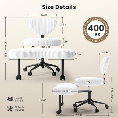 Ergonomic Cross Legged Chair, Wide Vanity Chair with Wheels, Meditation Chair for ADHD, Comfortable Adjustable Swivel Computer Office Desk Chairs for Home, Make Up, Bed Room, Corduroy Fabric, White
