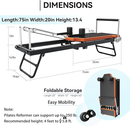 Pilates Reformer, tianhong Foldable Reformer Pilates Machine for Home Workout, with Springs & Cords, Pilates Equipment for Advanced and Beginners Users, Up to 250 lbs