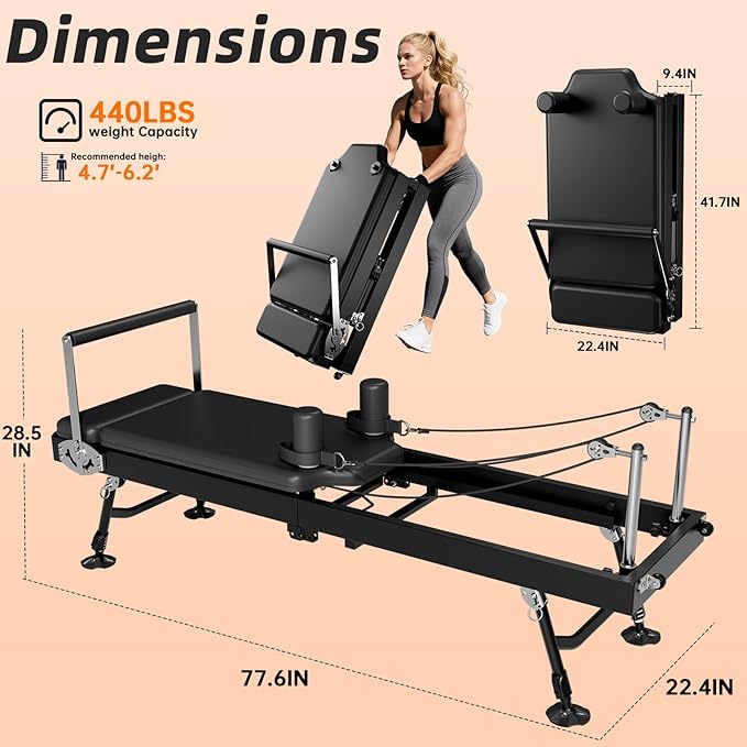 Pilates Reformer Machine for Home, 78" Foldable Reformer with Adjustable Resistance, 5 Elastic Cords, Professional Home Gym Equipment
