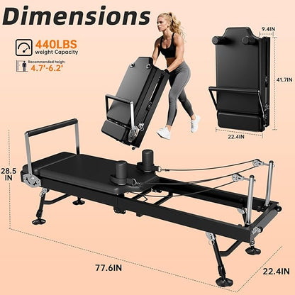 Pilates Reformer Machine for Home, 78" Foldable Reformer with Adjustable Resistance, 5 Elastic Cords, Professional Home Gym Equipment
