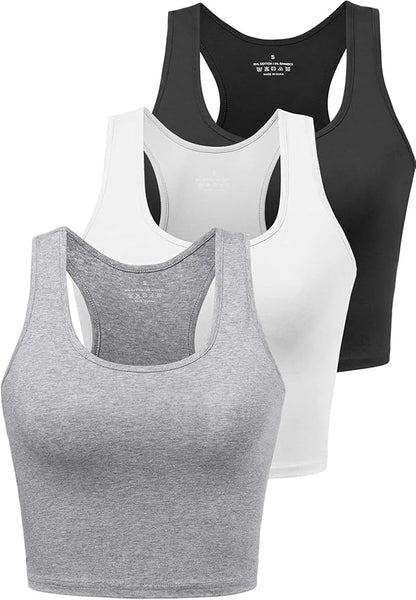 Porvike Sports Crop Tank Tops for Women Cropped Workout Tops Racerback Running Yoga Tanks Cotton Sleeveless Gym Shirts 3 Pack