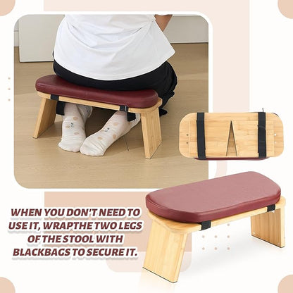 Meditation Bench with Leather Cushion, Folding Bamboo Kneeling Stool with Locking Magnetic Hinges for The Perfect Posture Seiza Bench for Yoga, Travel, Pray, Zen Practice Stool