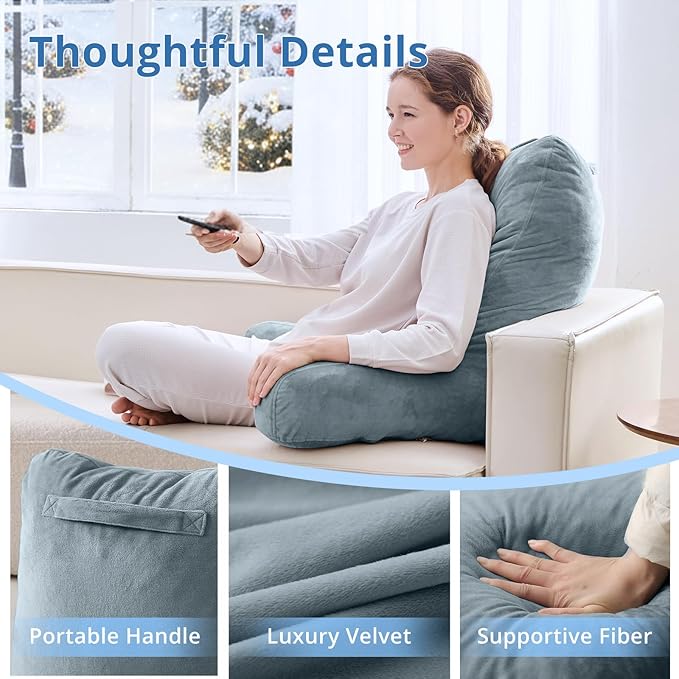 Sasttie 25-inch Reading Pillows for Sitting in Bed Adult, Jumbo Velvet Back Pillow Bed Sitting Up, XL High Back-Rest Support Cushion for Sit Up on Couch & Floor, Oeko-Tex Certified, Bluish Grey