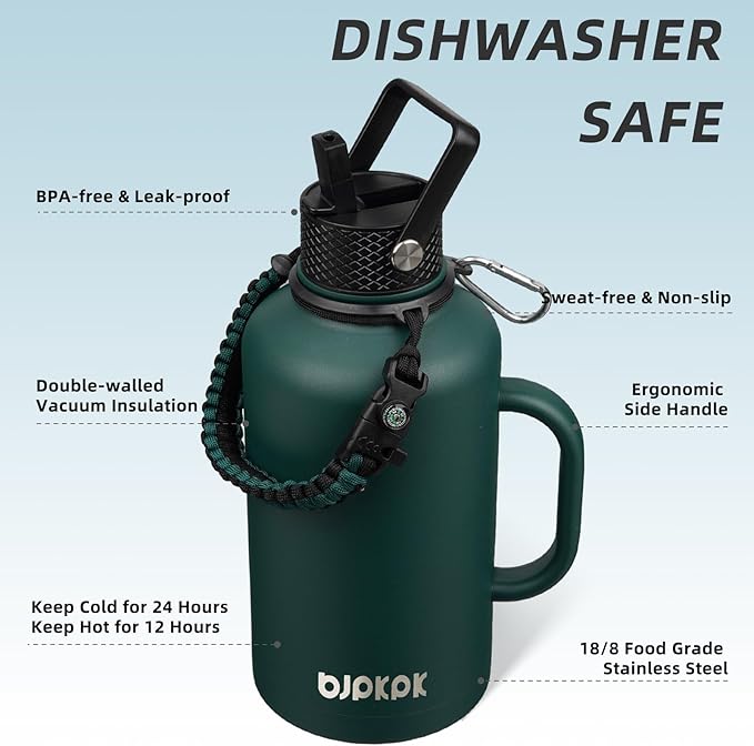 BJPKPK Half Gallon Insulated Water Bottles with Straw Lid & Side Handle, 50oz, 64oz, 87oz, 128oz Large, Stainless Steel Water Bottles with 3 Lids and Paracord Strap, Metal Water Jug,Army Green