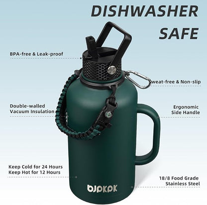 BJPKPK Half Gallon Insulated Water Bottles with Straw Lid & Side Handle, 50oz, 64oz, 87oz, 128oz Large, Stainless Steel Water Bottles with 3 Lids and Paracord Strap, Metal Water Jug,Army Green