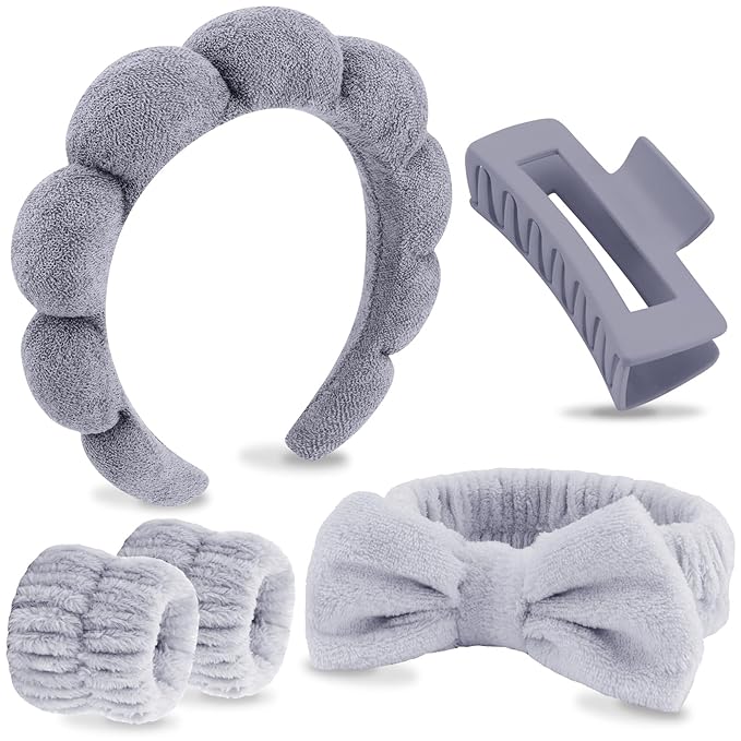 VELSCRUN Spa Headbands for Wash Face, Makeup Headband, Facial Skincare Headbands, 5 Pcs Grey Puffy Sponge Spa Headband Bow Tie Hair Band Hair Clips Wristband Set Women Girls Accessories