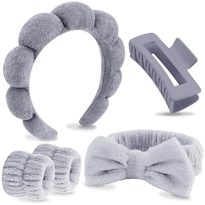 VELSCRUN Spa Headbands for Wash Face, Makeup Headband, Facial Skincare Headbands, 5 Pcs Grey Puffy Sponge Spa Headband Bow Tie Hair Band Hair Clips Wristband Set Women Girls Accessories
