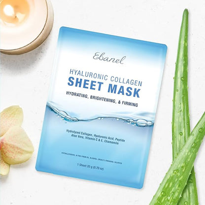 Ebanel 10 Pack Collagen Face Mask with Hyaluronic Acid, Vitamin C, Peptide, Aloe, Instant Brightening Hydrating Face Masks Skincare Korean Sheet Mask, Skin Firming, Lifting Anti Aging Facial Masks