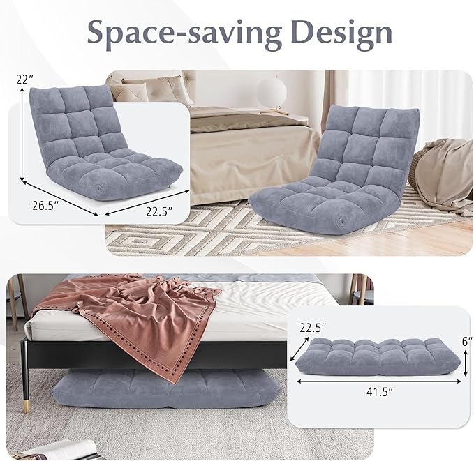 RELAX4LIFE Floor Chair with Back Support - 14-Position Adjustable Lazy Sofa Chair, Padded Sleeper Bed & Couch Recliner for Reading Meditation, Folding Floor Gaming Chair for Adults (Grey)