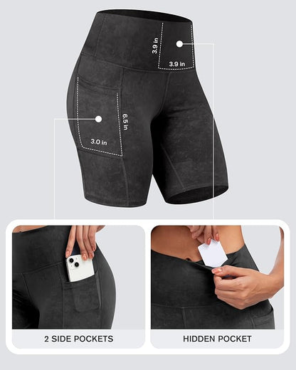 CHRLEISURE Womens Biker Yoga Shorts with Pockets: High Waisted Tummy Control Spandex Workout Athletic Gym Shorts 4 Packs