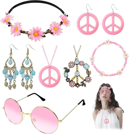 Hippie Costume Accessories for Women Peace Sign Earrings Necklace Flower Headband Sunglasses 60s 70s Accessories