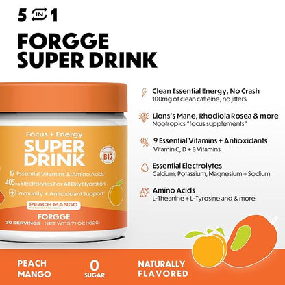 Forgge Energy Booster Super Drink - Clean Caffeine + B12, B6, C & D Vitamins - Sugar Free Energy Drink Powder with Electrolytes, Amino Acids, Antioxidants, Lions Mane - Vegan, Keto-Friendly - 30 SVG, Peach Mango