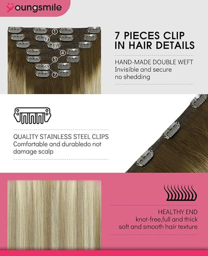 Youngsmile Clip in Hair Extensions Human Hair 22inch 7pcs 160g Balayage Color 3 Brown Fading to 8 Ash Brown Highlight with 22 Medium Blonde Human Hair Extensions Clip in (7C#3/8/22-22Inch)