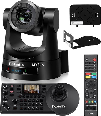 FoMaKo NDI PTZ Camera Bundle AI Auto-Tracking Gen 3 (NDI 6 & NDI HX3 Certified), 20X Optical Zoom PoE HDMI PTZ Camera for Church Worship, PTZ Controller, (NDI PTZ Bundle KN20A +KC608) BN201